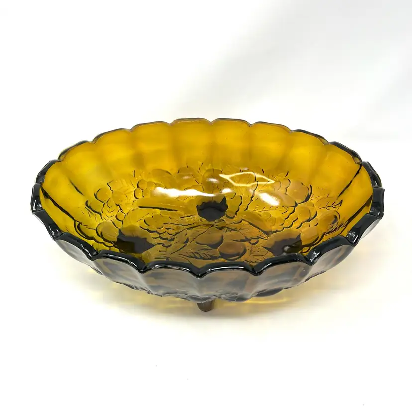 Vintage Indiana Glass Garland Amber Bowl - Footed Oval Scalloped Dish - 1960s Pressed Glass Floral Pattern - Mid Century Table Decor
