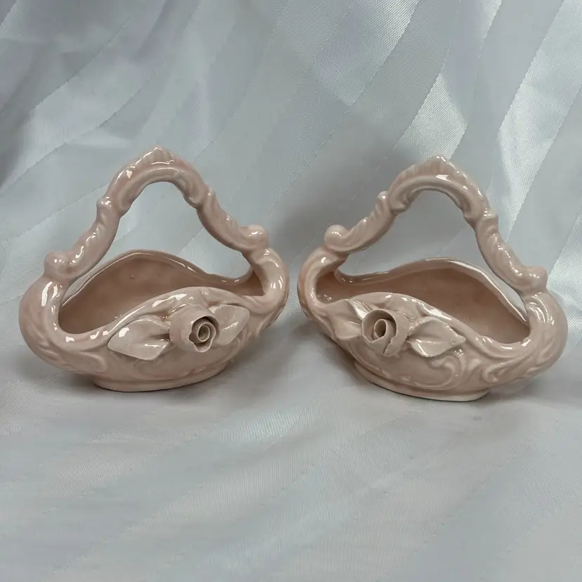 Vintage Italian Ceramic Pink Rose Trinket Baskets (2)