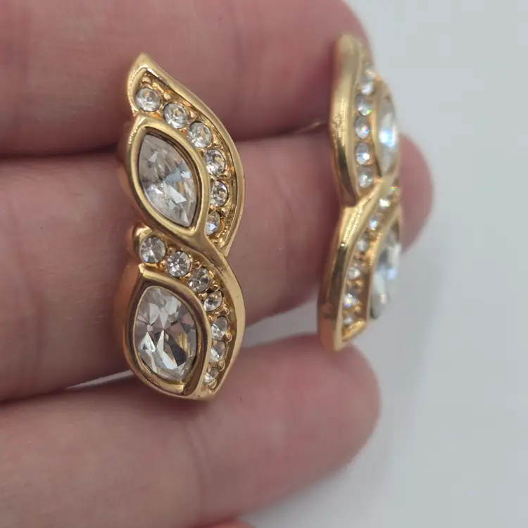 Vintage Earrings SAL Gold Tone Swarovski Pierced Chic Large Sparkling Crystals
