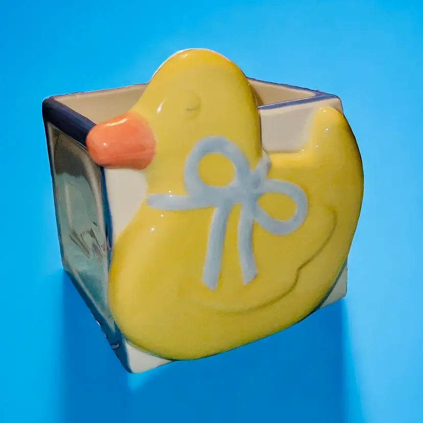 Russ Berrie Baby Duck  A B C Ceramic Planter Pastel Colors 4” X 3 1/2” Square