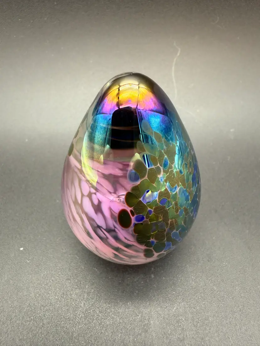 Glass Eye Studio Signed GES 95 Egg Shaped Iridescent Blue and Pink Paperweight
