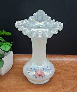 Vintage Fenton Iridescent Hand Painted Jack in the Pulpit Vase Signed D. Fredrick 8"