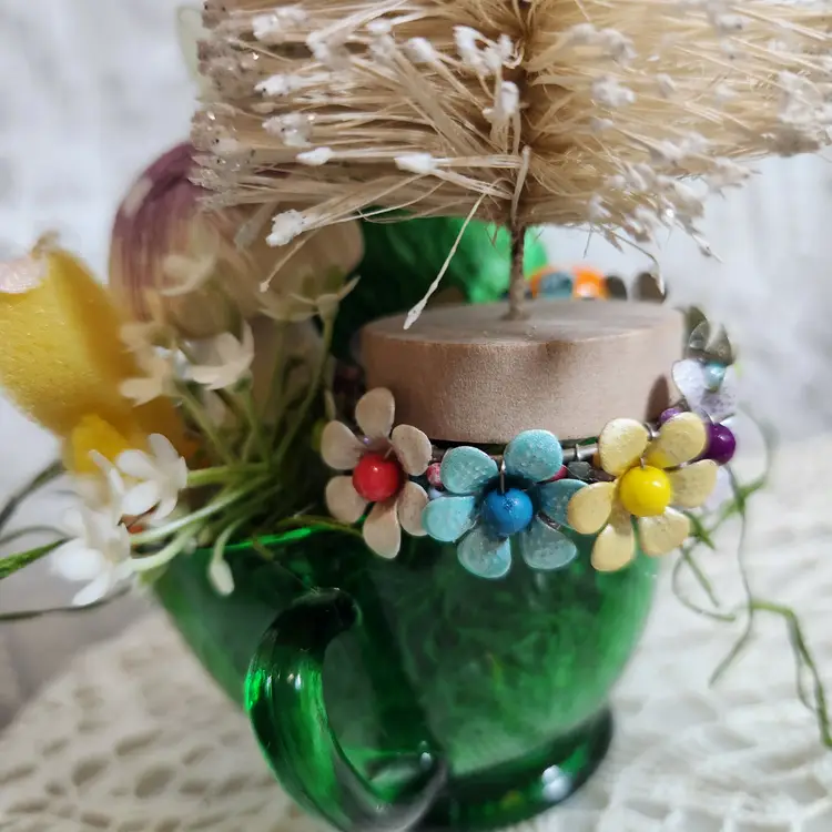 Vintage Easter Bunny Centerpiece in a Green Glass Tea Cup