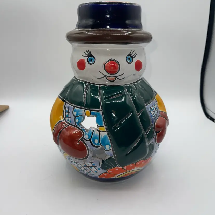 Talavera Mexican Pottery Christmas Snowman Sculpture 10” Candle Holder
