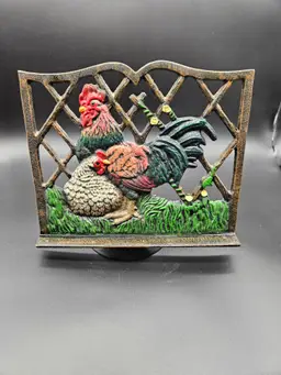 Vtg Cast Iron Cookbook Stand Holder Rooster Hen Chicken Farm Country Kitchen