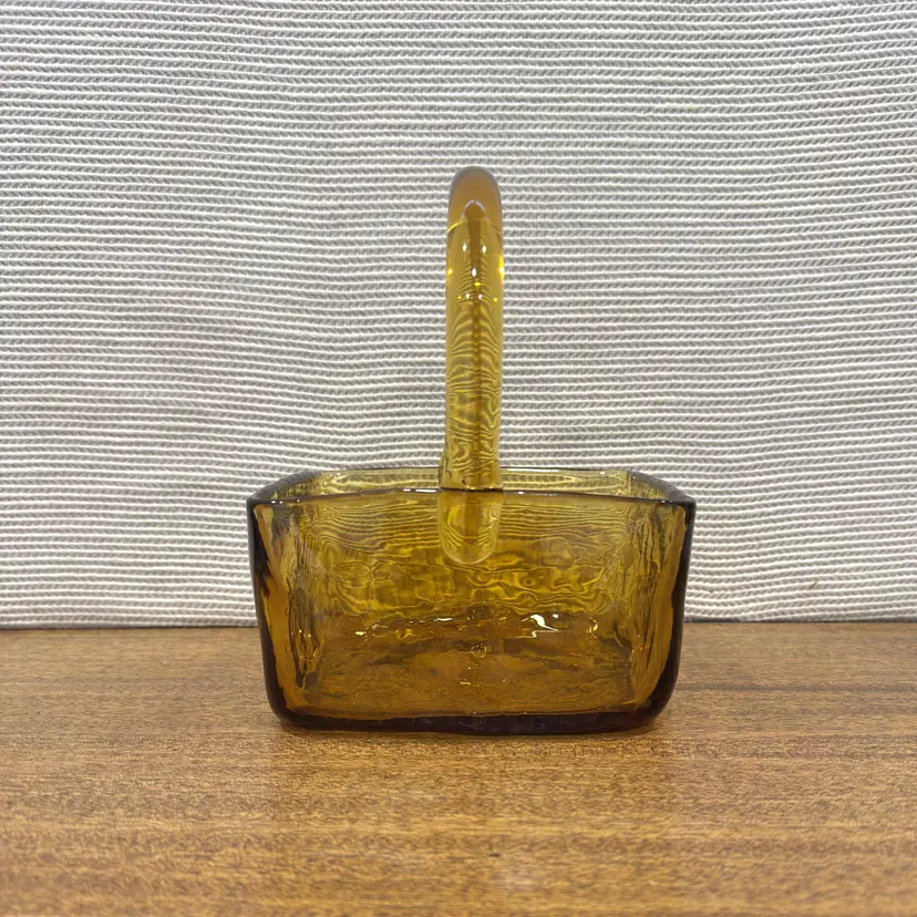 Amber Wheat Handblown Glass Basket: Blenko Barnwood Collection 8” Heavy Square Art Vase (0093-25)