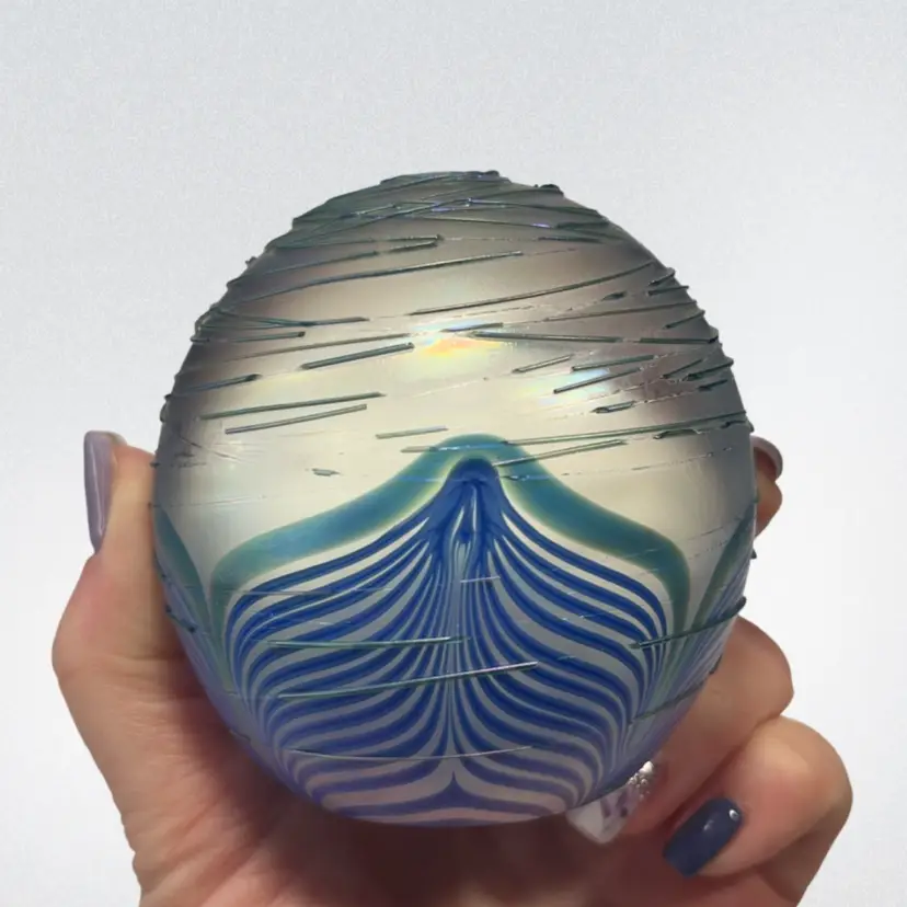 Vandermark Textured Iridescent Pulled Feather Signed Glass Paperweight | 3”