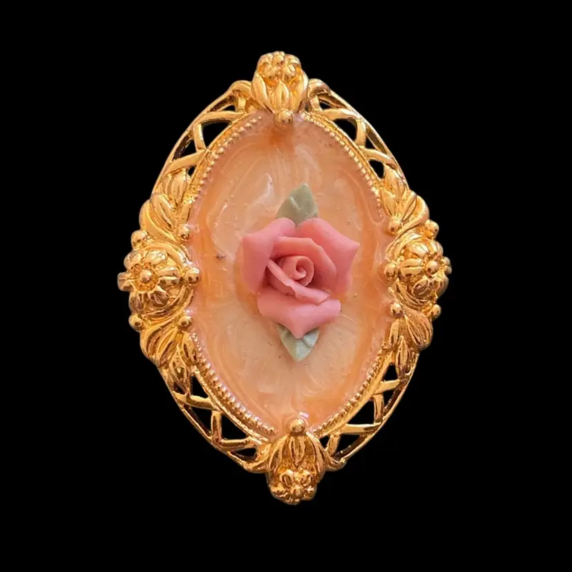 Avon Pink Rose Peach Enamel Brooch 1 7/8β X 1 1/4β