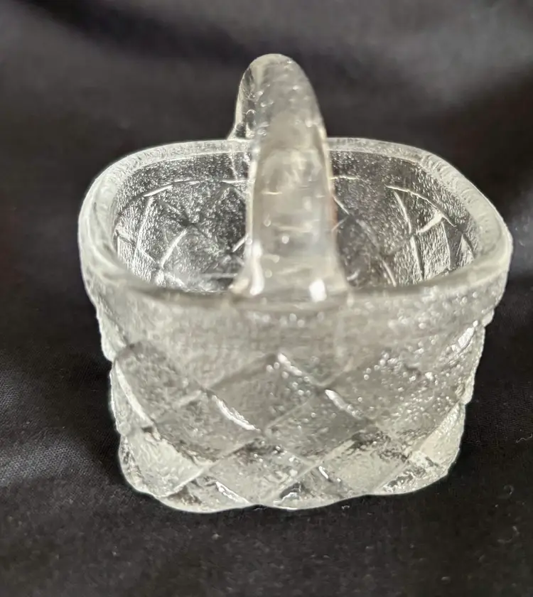 Mini Glass Basket Weave Nut/trinket Basket With Handle, Pebble Surface, Press Glass.