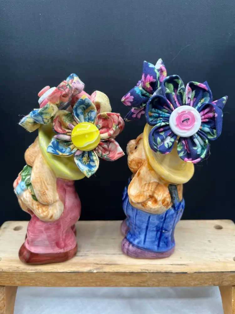 Made By Me Fabric And Vintage Button Flowers In A Pair Of Vintage Rabbit Shakers 5.5” x 2.5”