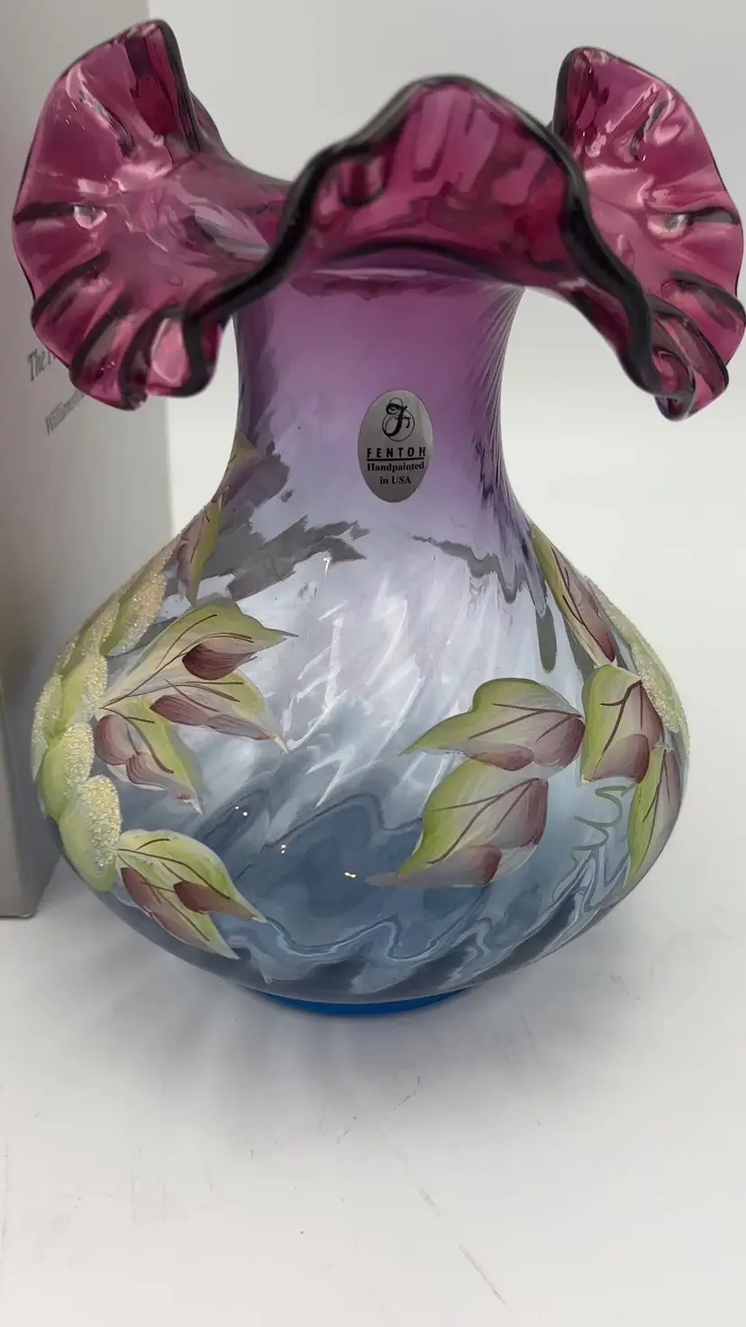 Fenton Family Signature Series Mulberry Vase Crimped Edges Grapes Frits Signed