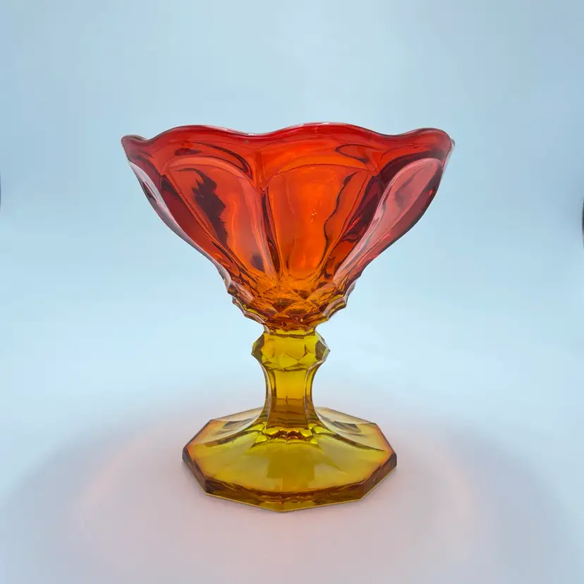 Viking Glass Persimmon Amberina Paneled Pedestal Compote Dish Cadmium Glows MCM