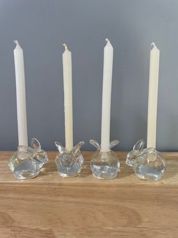 4 Vintage Rabbit Bunny Clear Glass Small Taper Candle Holder Easter