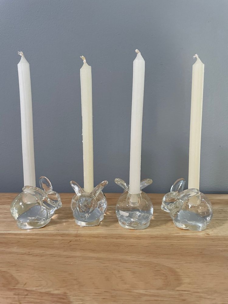 4 Vintage Rabbit Bunny Clear Glass Small Taper Candle Holder Easter