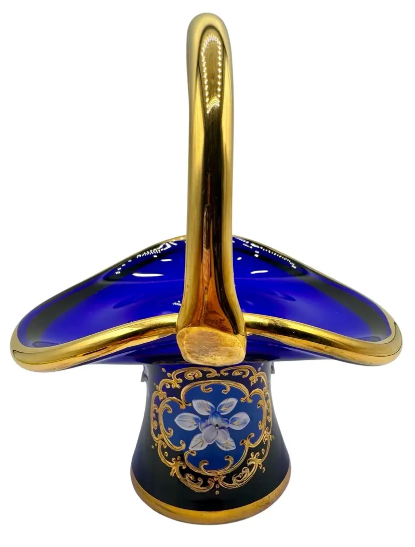 Vintage Egermann Bohemian Art Glass Basket Vase Cobalt Blue Gold Floral Enamel