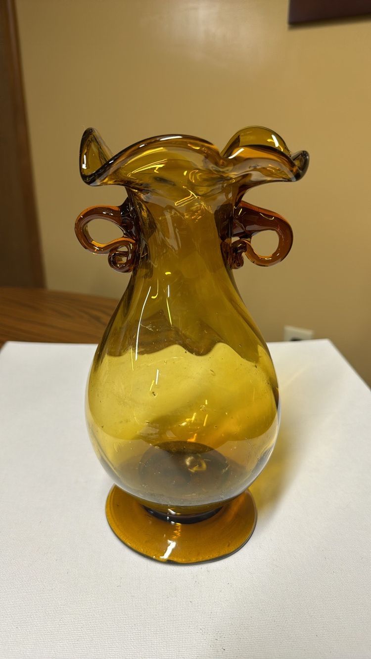 Amber brown hand blown vase 9.5” tall