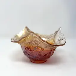Marigold Dugan Wreath of Roses Candy Dish: Antique Tri-Corner Whimsey Carnival Glass Bowl (0096-24)