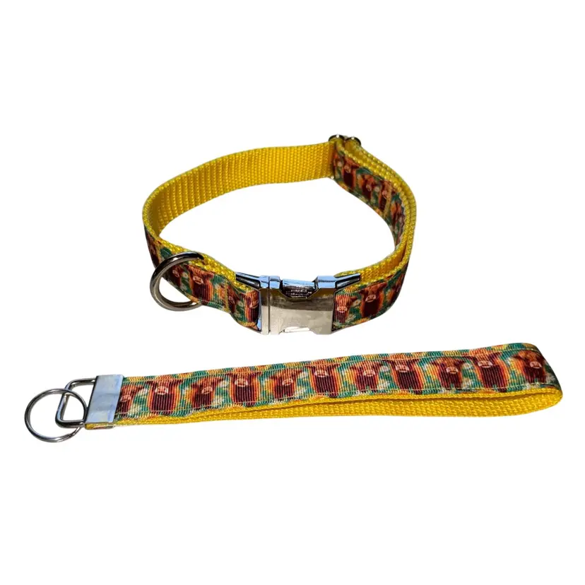 Dog Collar Highland Cow Yellow
with Matching Keychain Lanyard, Size Large Handmade Heavy Duty W/Buckle NEW