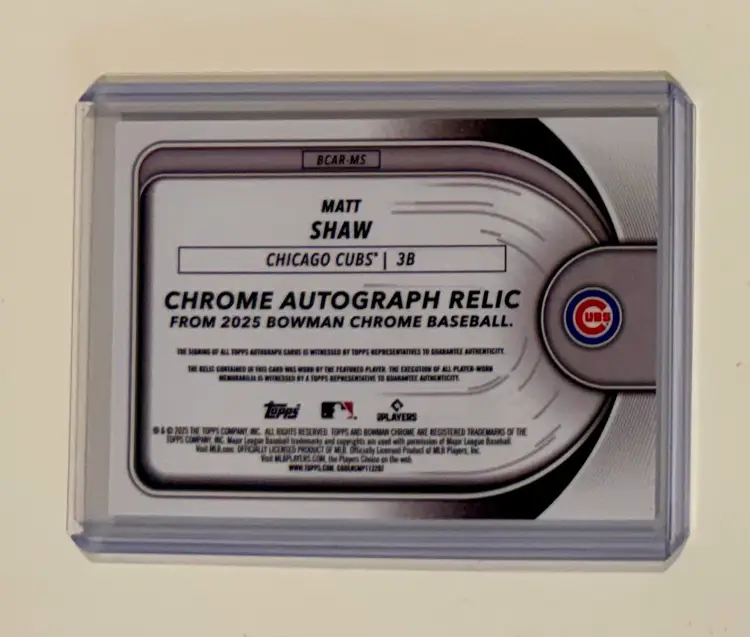 Matt Shaw Bowman Chrome Autograph Relic /150 Chicago Cubs