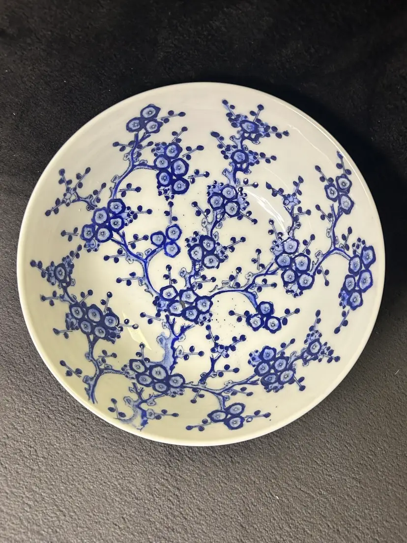 Vintage A.C.F Japanese Porcelain Bowl Hand Decorated In Hong Kong  Blue Flowers