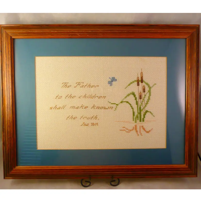 Isaiah 38 Scripture Verse The Father-Cattails Cross Stitch Sampler Framed Art 14.5" x 18.5"