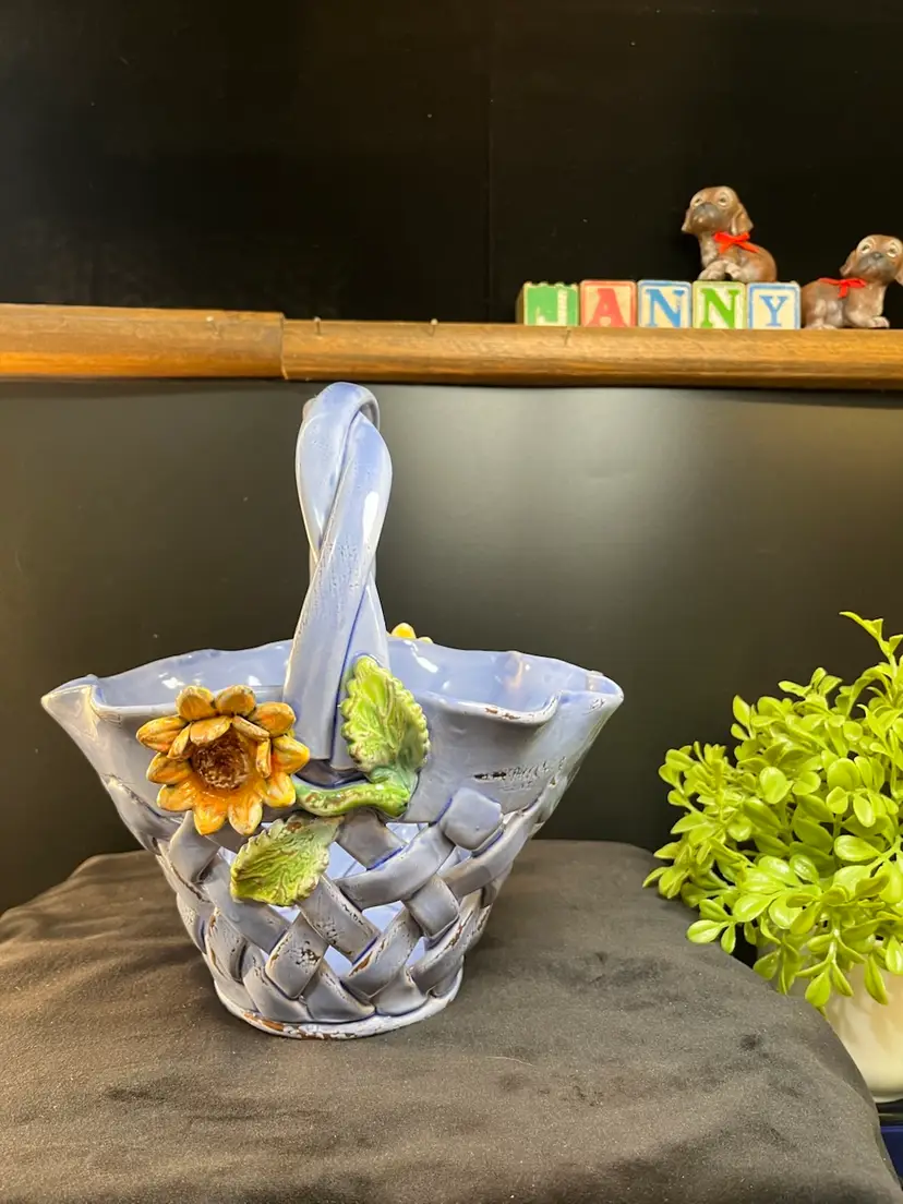 Decorative Redware Reticulated Wicker or Lattice Style Weave Pattern-Twisted Handle-Applied Sunflowers