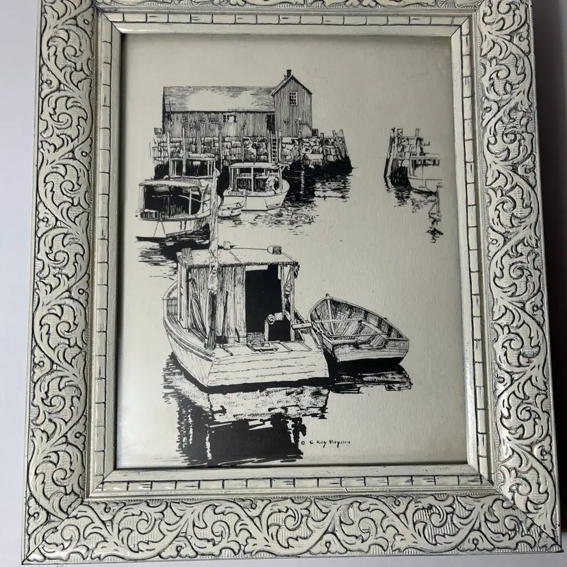 Artist C. Ray Bryan  Pen And Ink, Boats And Nautical Water  Signed  & Framed
