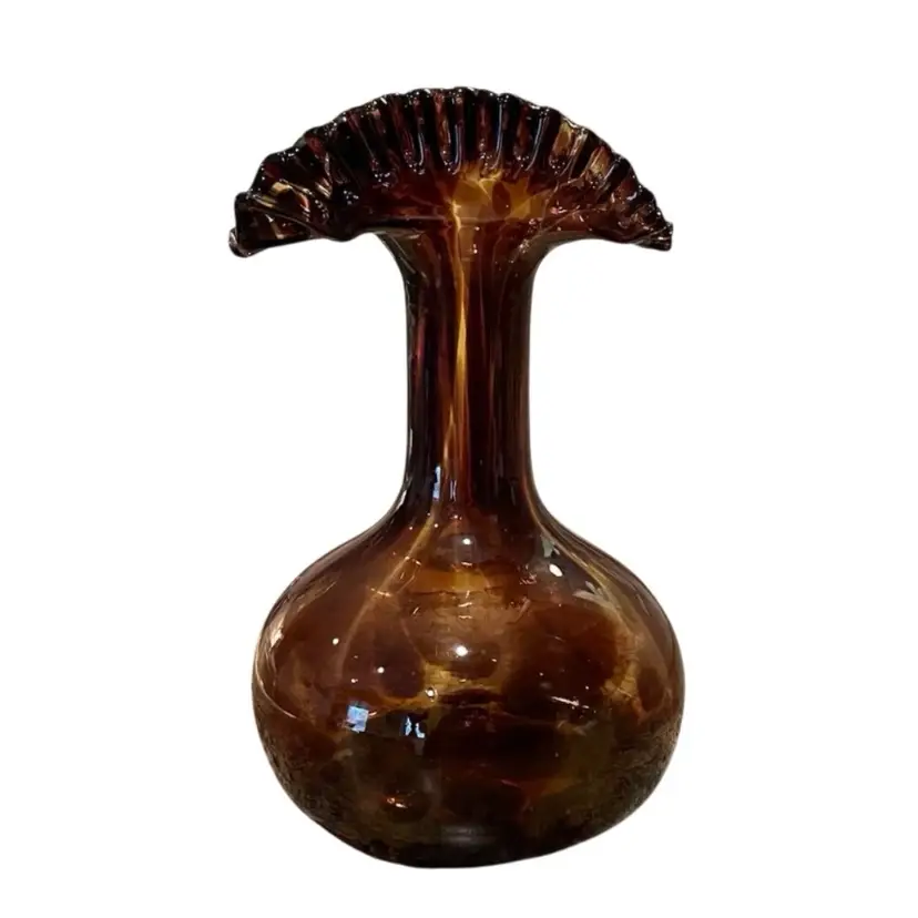 Blown Art Glass Tortoiseshell Vase Brown Amber Crimped Ruffled Edge VTG MCM