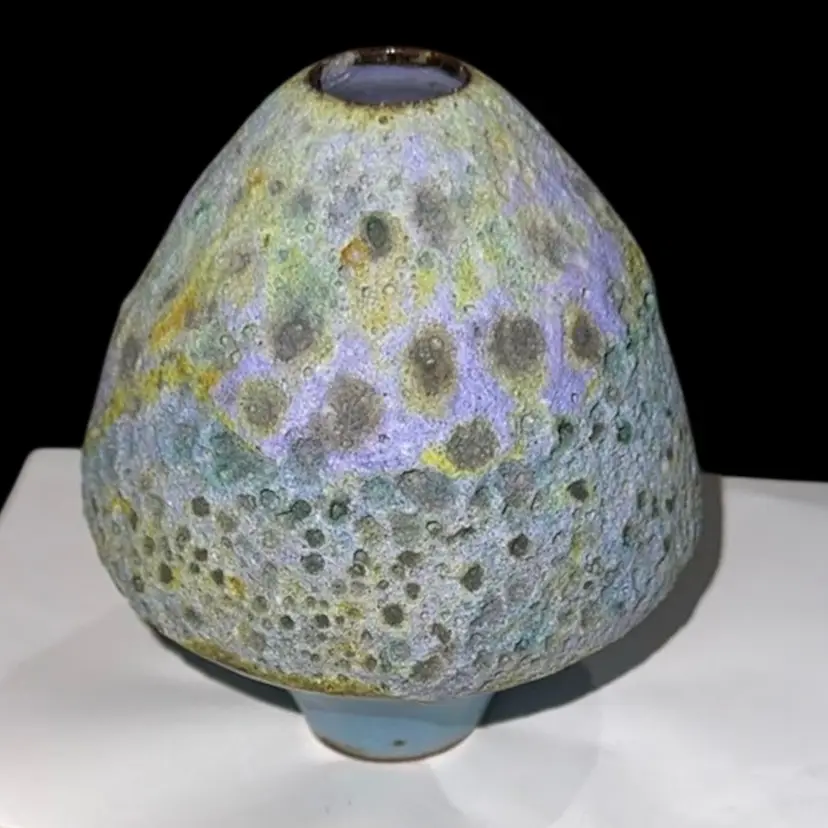 Michael Hamlin North Carolina Art Studio Pottery Lava Volcanic Weed Vase Handmade Mushroom Style Blues Purples Greens
