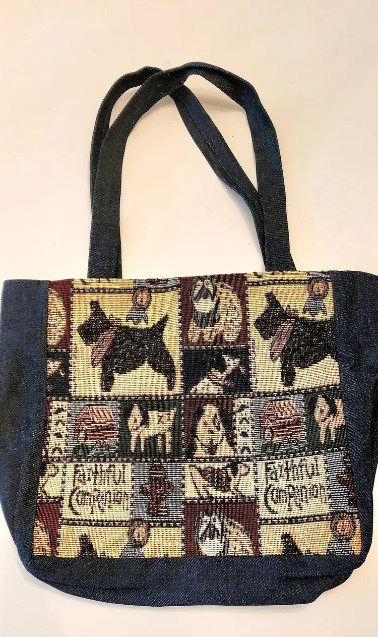Vintage Denim Tapestry Dogs Tote