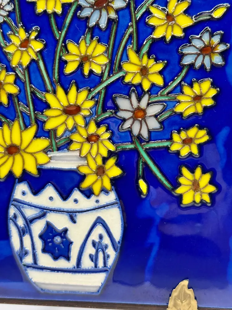Vintage Flowers In Vase Hand Painted Ceramic Tile, 3D Embossed, Real Wood Frame With Hanger, By Yi-Ren Gallery, Made In Japan