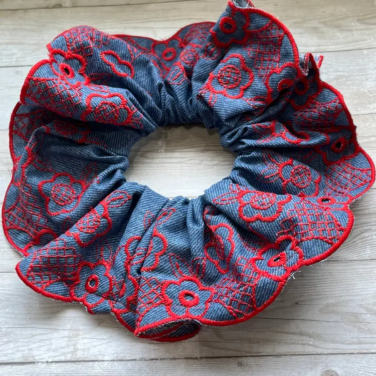 6 Piece Wholesale Lot Denim With Red Floral Embroidered XL Fancy Lace Scrunchie