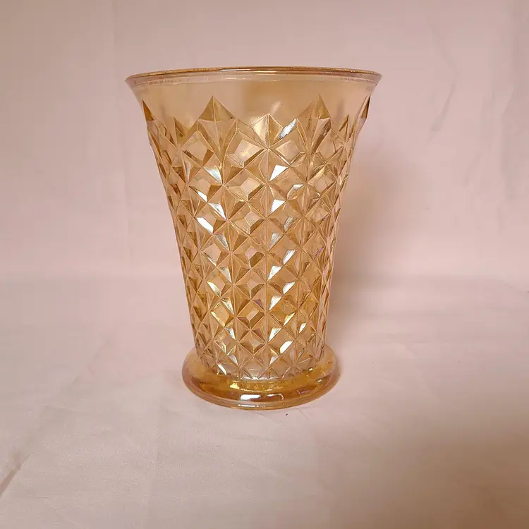 Vintage Jeannette Glass Marigold Carnival Waffle Diamond Cut Iridescent 7" Vase