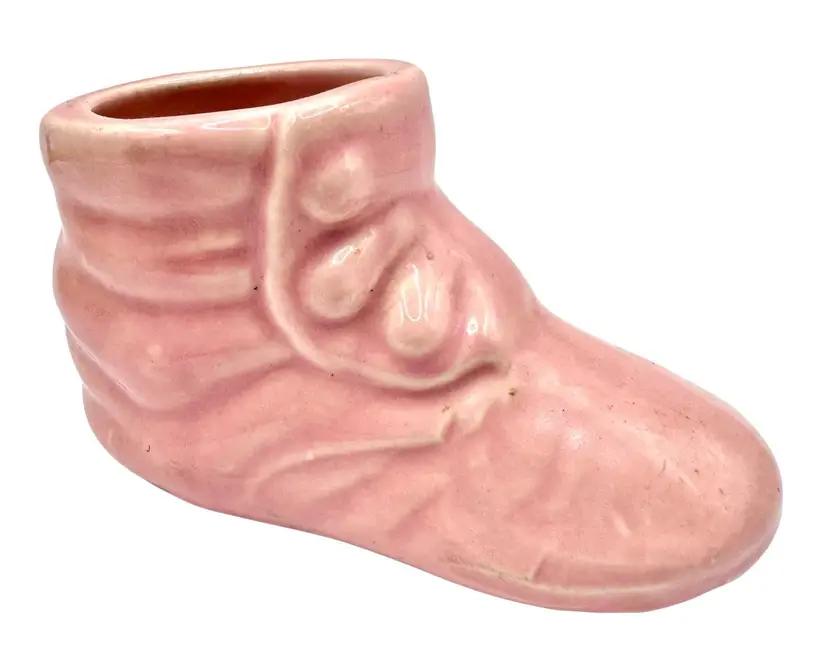 Vintage USA Pottery Pink Baby Bootie Shoe Planter Vase Figurine Small Nursery 4”