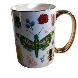 Rifle Paper Co Insect Mug With Florals And Gold Trim 4.5” T X5” W With Handle