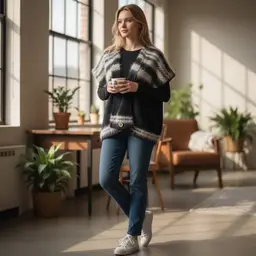 This is a handmade black and white striped mohair blend cardigan with a single button closure Cape