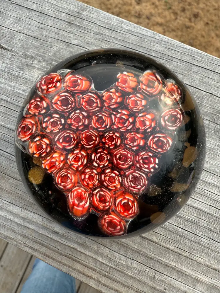 21 "Rose Heart" Art Glass Paperweight - Red Floral Bouquet with Gold Aventurine