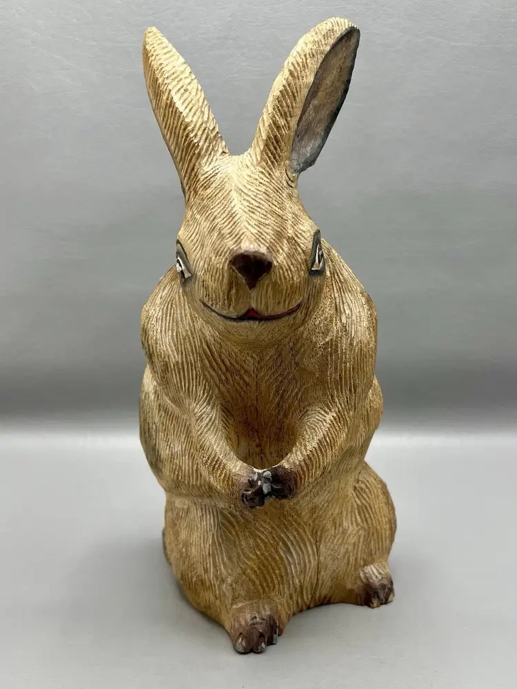 Vintage Hand Carved Wooden Rabbit Figurine 10" Folk Art Bunny Creepy Eyes Rustic