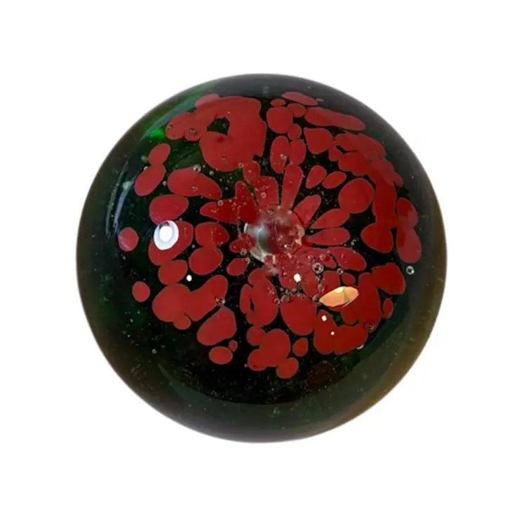 Peacock Glassworks Stamped Magnum Christmas Flower Paperweight - Red Flower Shimmery Bubbly Green Base - 4.5”