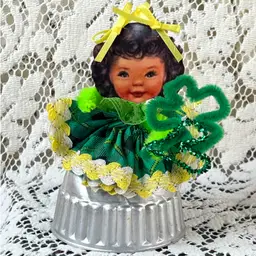 011 Vintage Aluminum Muffin 10 St. Patrick's Day Shamrock Paper Doll Assemblage 5.5  Inches By 4 Inches