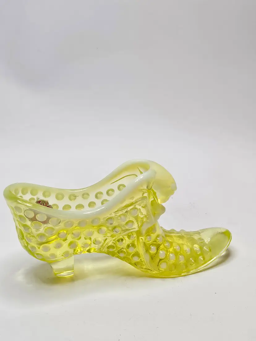 Vintage Fenton Topaz Opalescent Hobnail Cat Head Shoe Slipper Amazing Glow