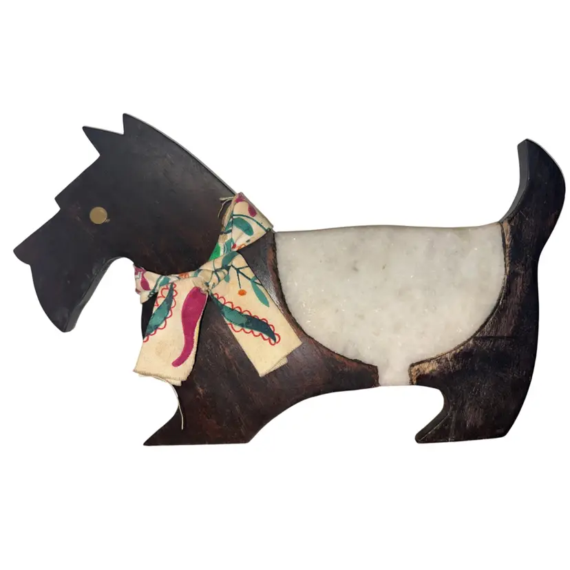 Vintage Anthropologie Wood & Marble Scotty Dog Trivet/Cutting Board 10.25 X 17