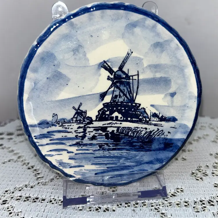 Vintage Delft Blue Mini Plate: 4" Dutch Windmill Decor