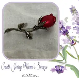 Vintage 925 Silver Stem Rose Brooch Red Enamel Bud