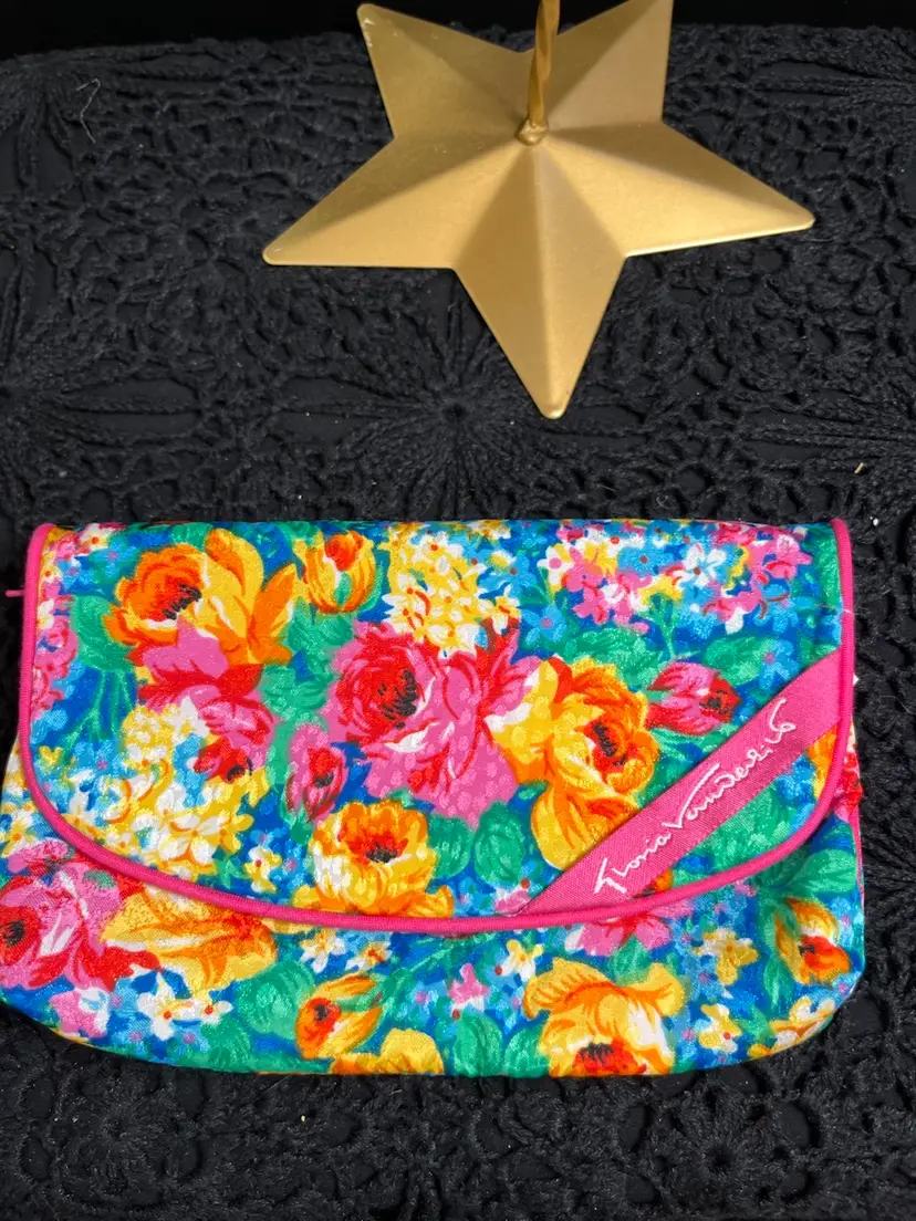Gloria Vanderbilt Fabric Cosmetic Bag w/ Mirror on Inside Flap. Zipper Closure. Floral- Colorful Pinks, yellows, Blues & Greens