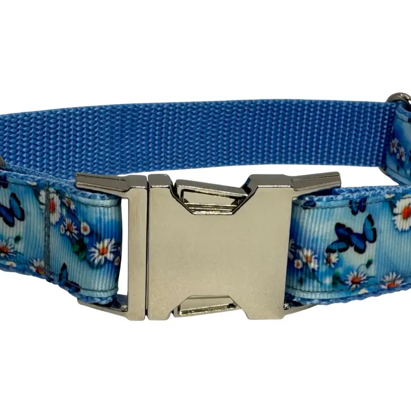 Dog Collar Blue Butterfly Daisy Flower Print Large Handmade Heavy Duty Metal Buckle New