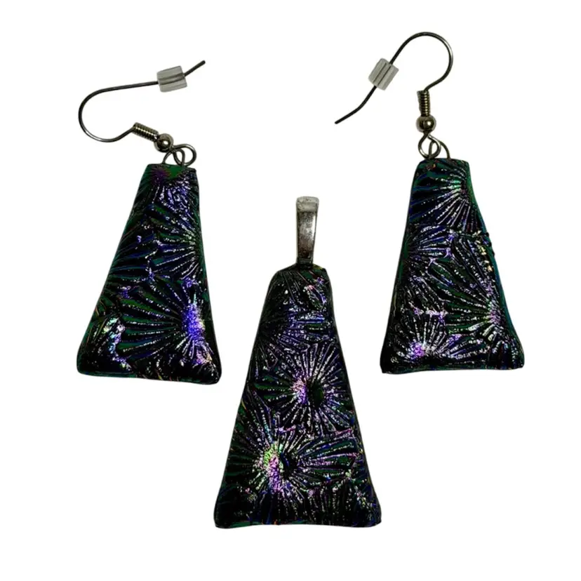 Dichroic Glass Pendant And Earrings Silver Tone Black Glass Dichroic Starburst Pattern Purple•Green•Blue Signed