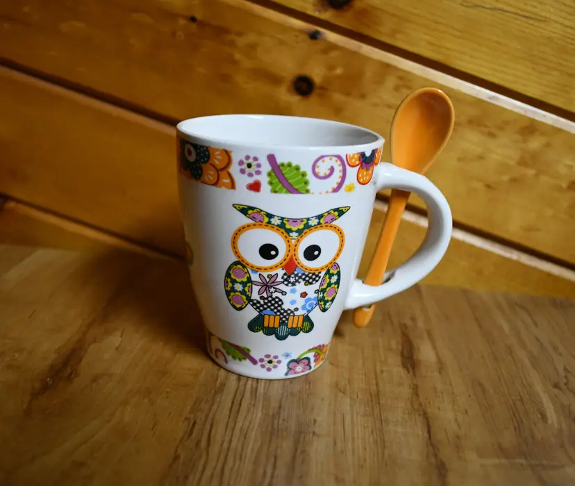 Trisa Patchwork Owl Mug with Spoon 12 Ounce Coffee Latte Tea Espresso Cappuccino 4"