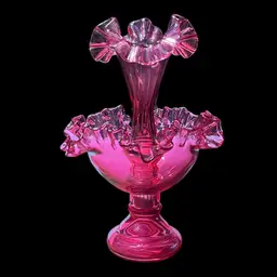 FENTON CRANBERRY GLASS EPERGNE VASE RUFFLED EDGES 1 HORN 10” Tall