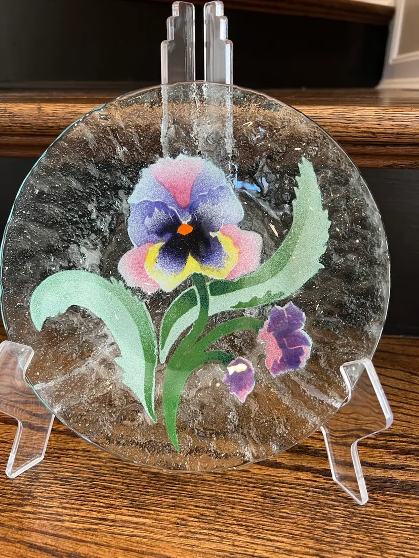 Vintage Signed Bill Sydenstricker Fused Art Glass Plate Pink Purple Iris Flowers